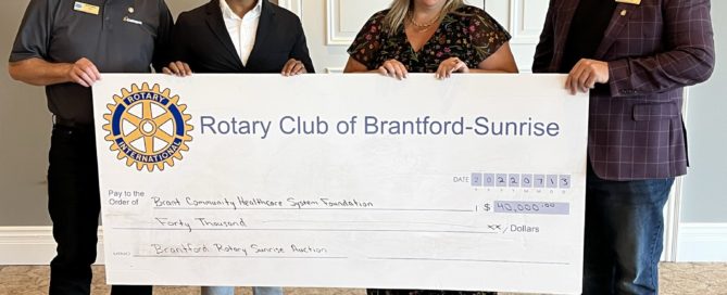 Jason Cherry, President of the Rotary Club of Brantford-Sunrise, and Bruce Dzuba, Chair of the Club’s Online Auction Committee, pictured presenting a cheque for $40,000 to Kari Wilson, Executive Director of the Brant Community Healthcare System, and Dr. Sarangan Uthayalingam of the Brantford General Hospital Pediatrics Department.