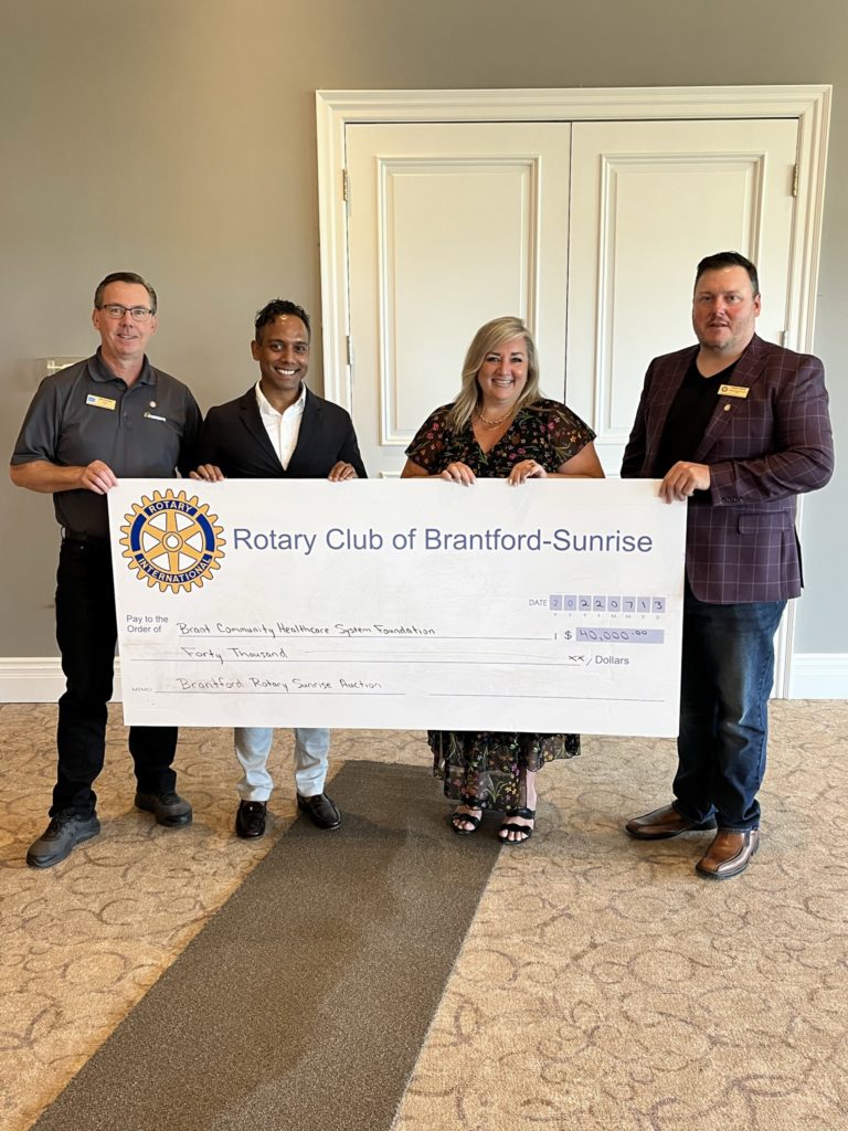 Jason Cherry, President of the Rotary Club of Brantford-Sunrise, and Bruce Dzuba, Chair of the Club’s Online Auction Committee, pictured presenting a cheque for $40,000 to Kari Wilson, Executive Director of the Brant Community Healthcare System, and Dr. Sarangan Uthayalingam of the Brantford General Hospital Pediatrics Department.